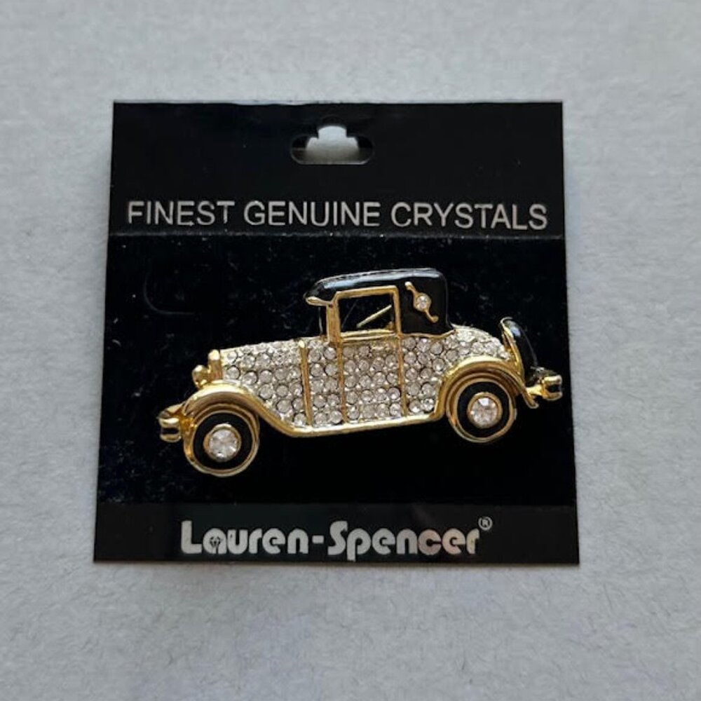 Lauren Spencer Austrian Crystal Rolls Royce Car Brooch Gold Tone Pin 2"